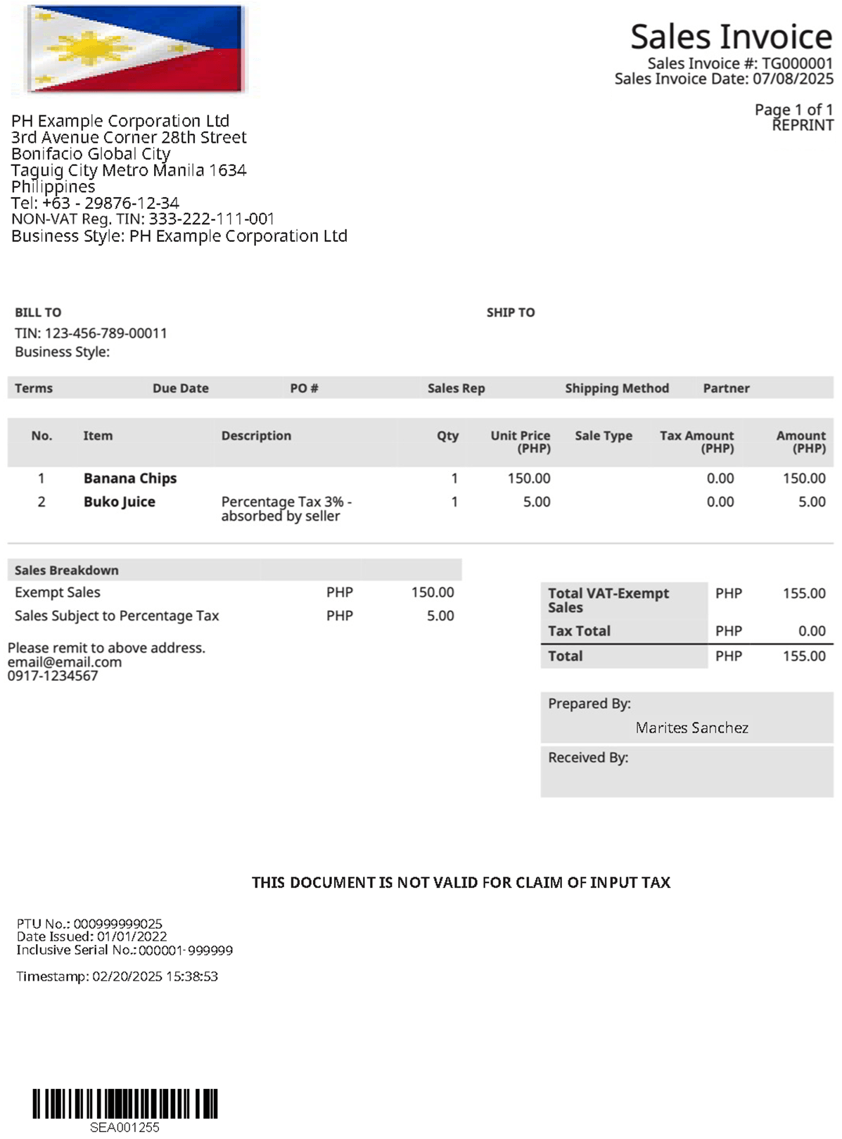A sample reprinted sales invoice for non-vat mixed transaction