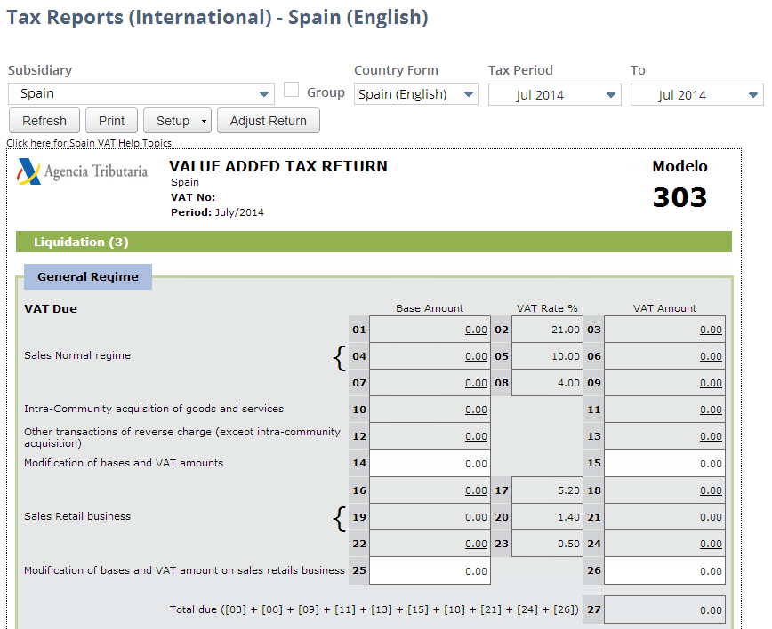 Screenshot of Spain VAT Report