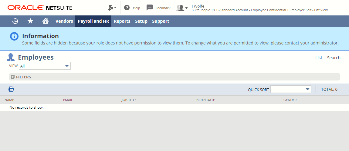 Screenshot of the Employee list page with All selected in the View field.