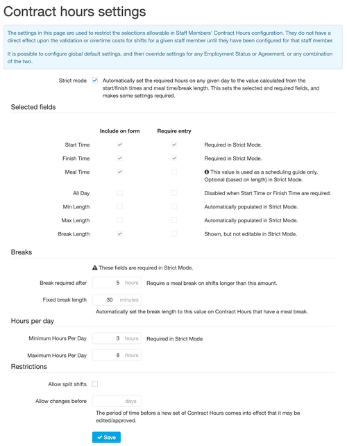 Sample contract hours settings