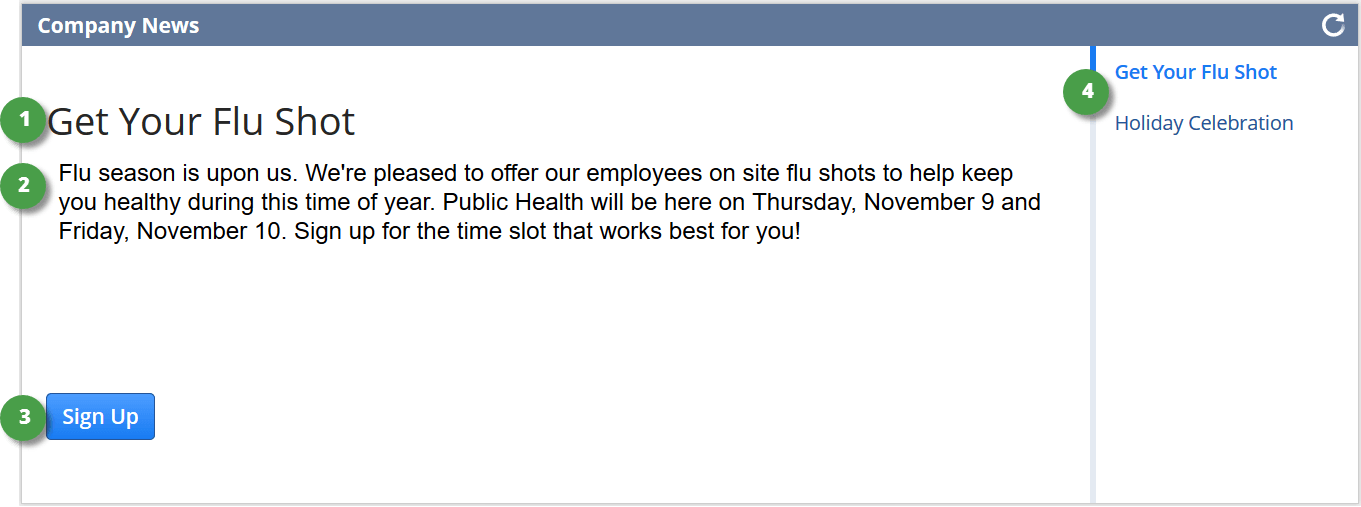 Screenshot showing a news item that appears on the Company News portlet in the Employee Center. The news item has four parts: a headline, the body of the news item, a call to action button, and headlines for other news items.