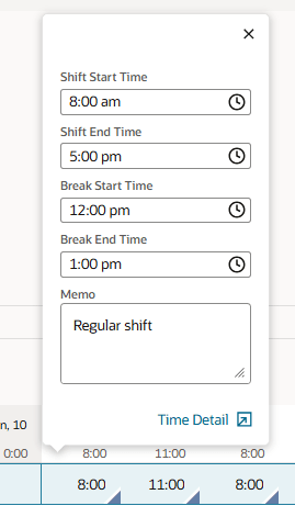 A window showing the Shift Start Time, Shift End Time, Break Start Time, Break End Time, and Memo fields
