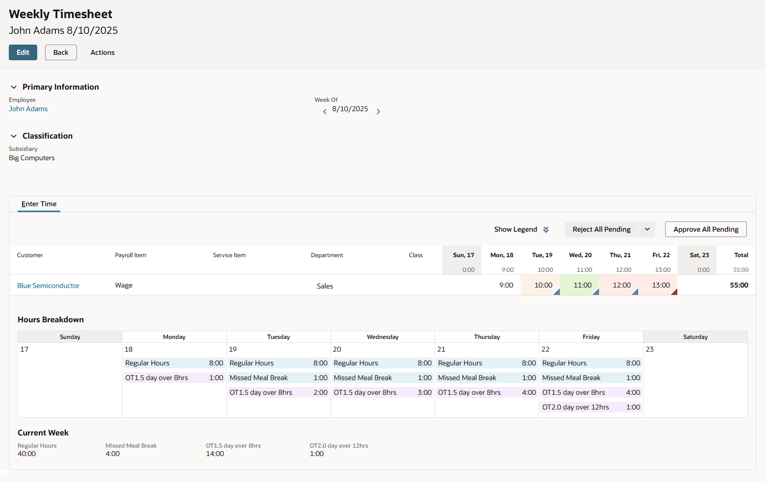 A new weekly timesheet view with an hours breakdown section