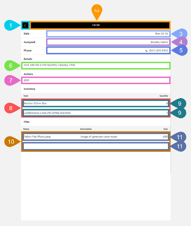 NextService Mobile history task details screen.