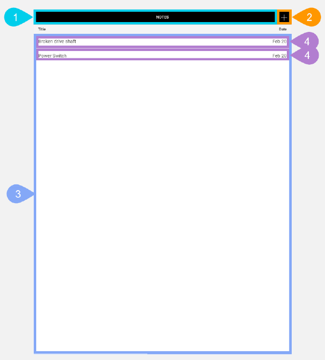 NextService Mobile note list screen.