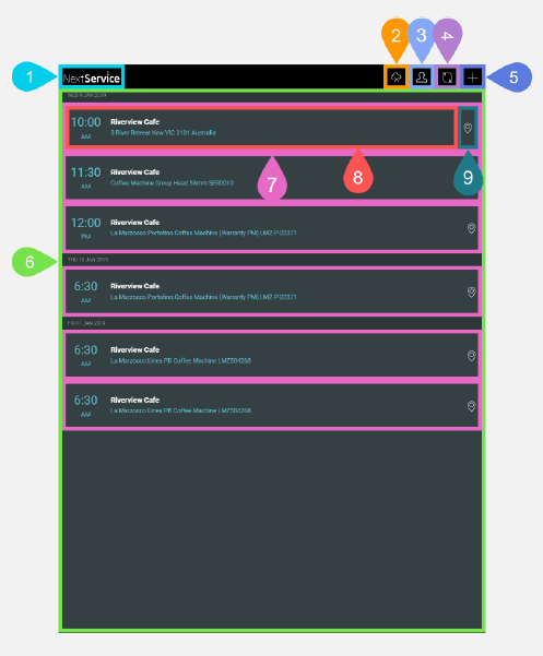 NextService Mobile task list screen for low and medium resolution device.
