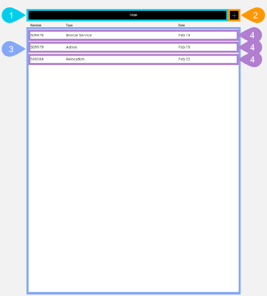 NextService Mobile task list screen.