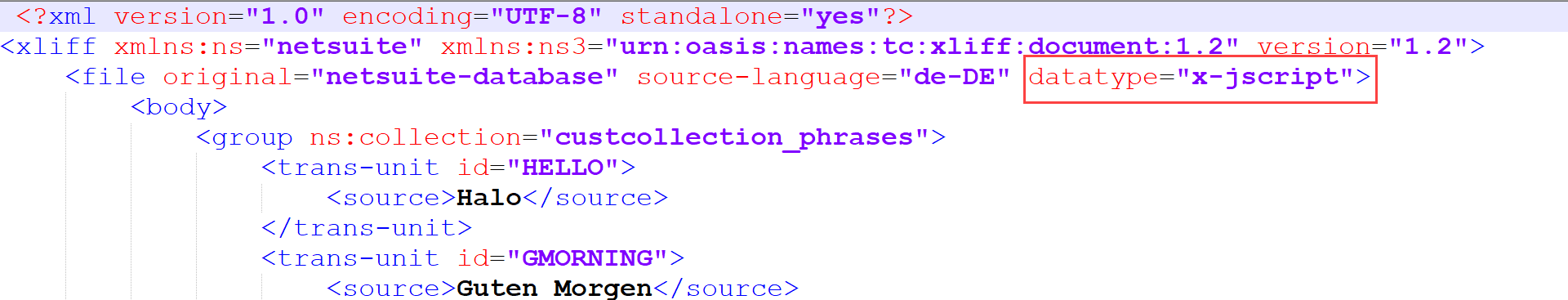 Export collection datatype header example.