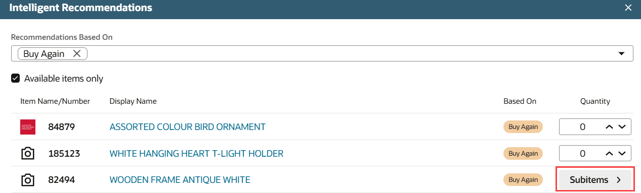 Intelligent Recommendations with Subitems.