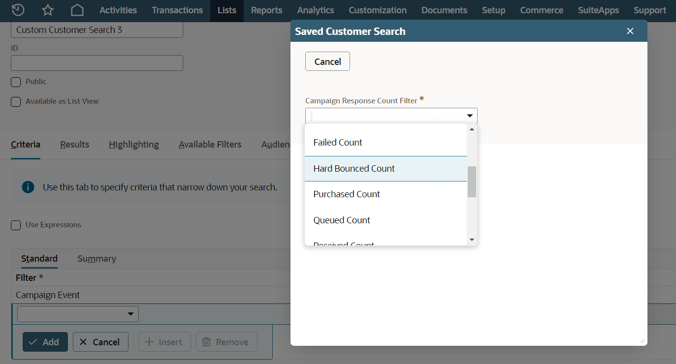 The Create Group with Customer Search page showing open popup window with Campaign Response Count Filter.
