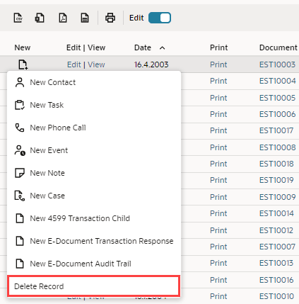 Screenshot of the Delete Record option on the Create New list. (Available with inline Editing.)
