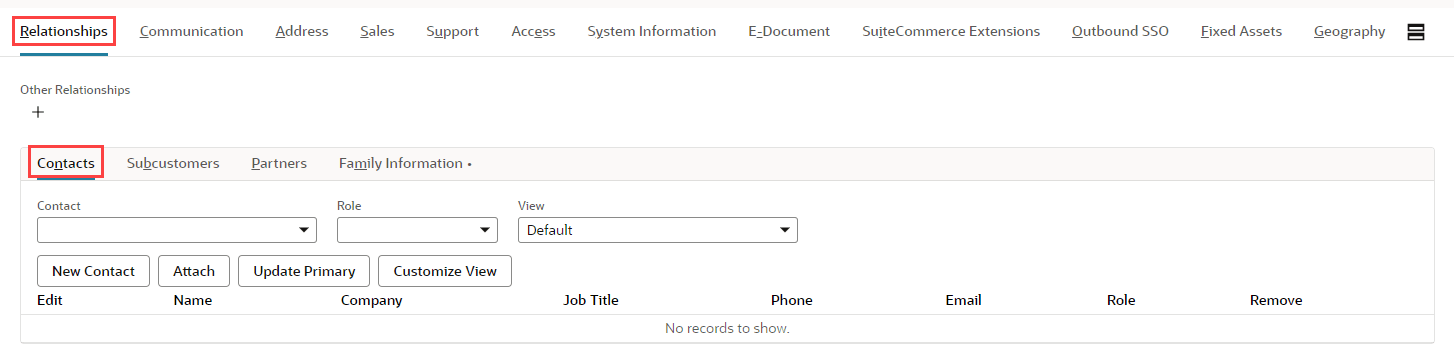 Screenshot from a customer record shows the Relationships and Contacts subtabs with the fields and buttons of the Contacts subtab.