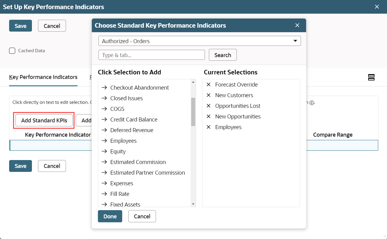 Screenshot of the popup window in which you choose standard KPI indicators.
