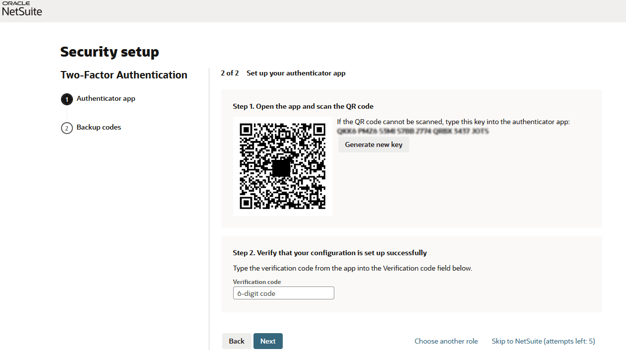 Security setup for the authenticator app on the 2FA page.