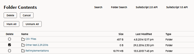 Folder Contents page with a file marked for deletion.