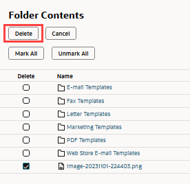 Delete button on the Folder Contents page.