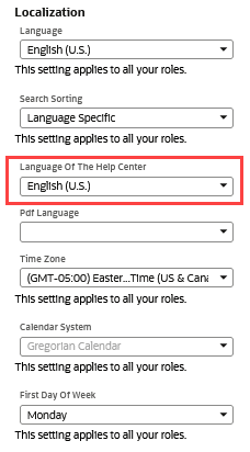 Language of the Help Center field on the General subtab.