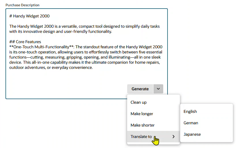 Text Enhance button with default action of Generate and dropdown list expanded to show more actions.