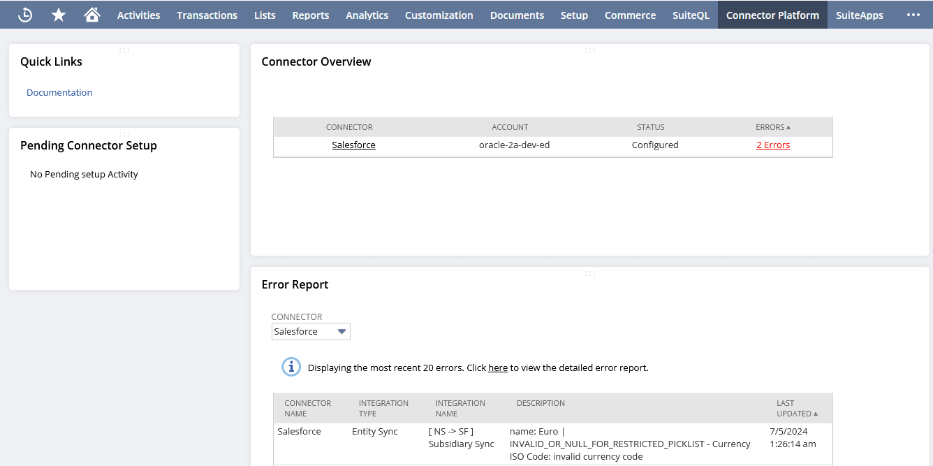 Salesforce Connector Dashboard with set up of all four custom portlets completed.