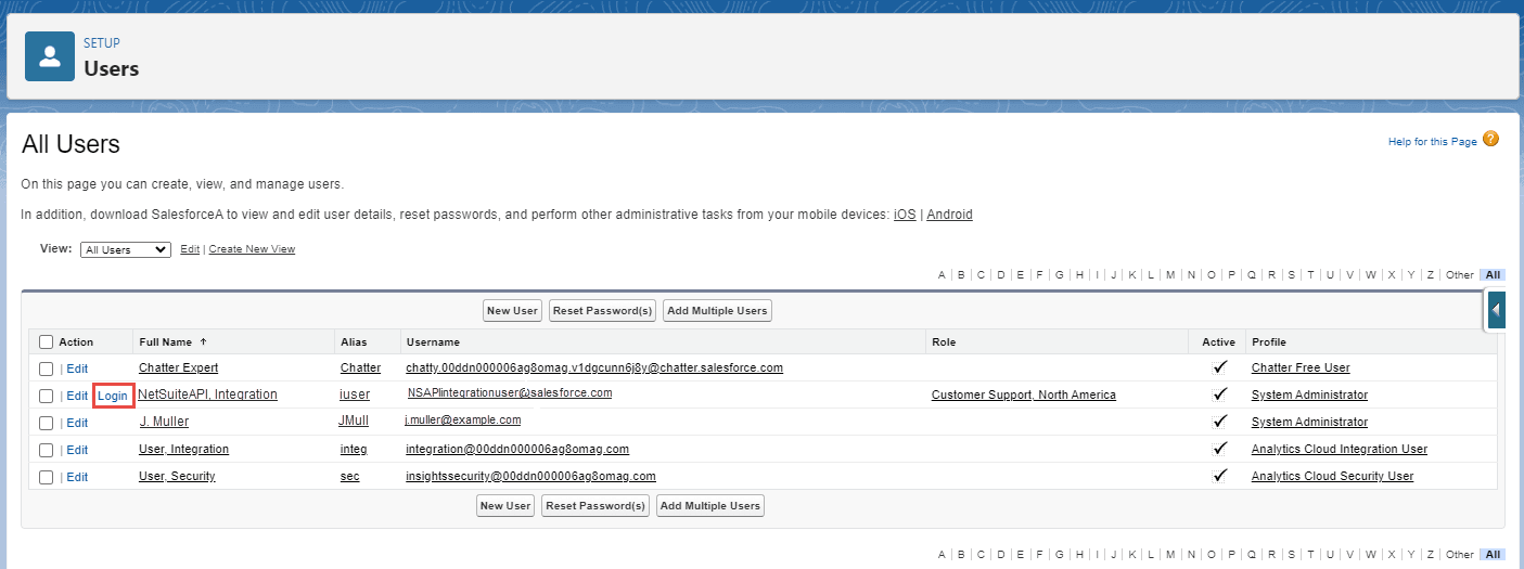 Login as the API-only user on the Salesforce Users page.