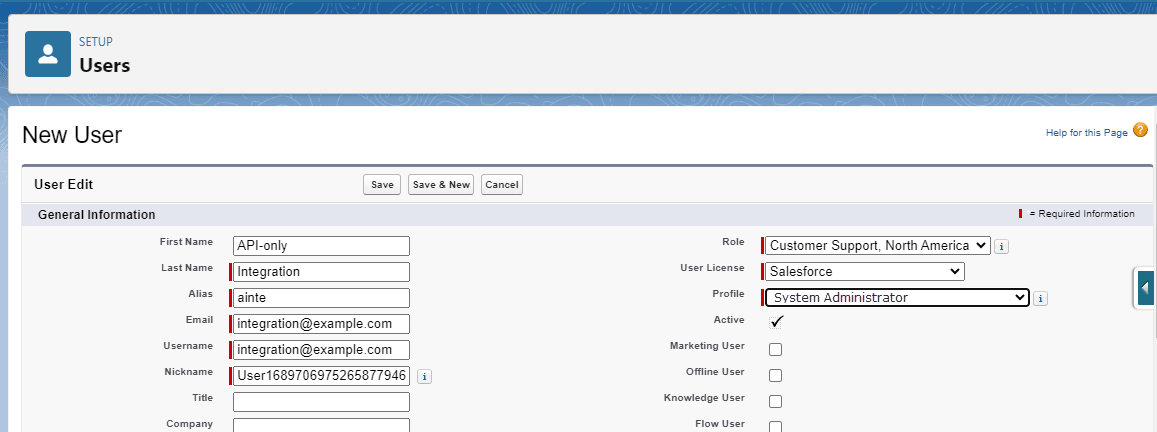 New User page with appropriate selections.