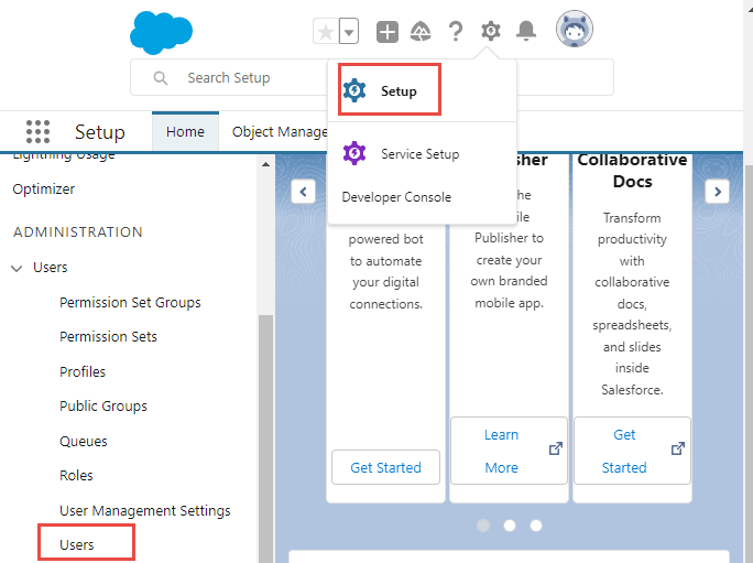 The locations of Setup and the Setup Home menu in Salesforce.