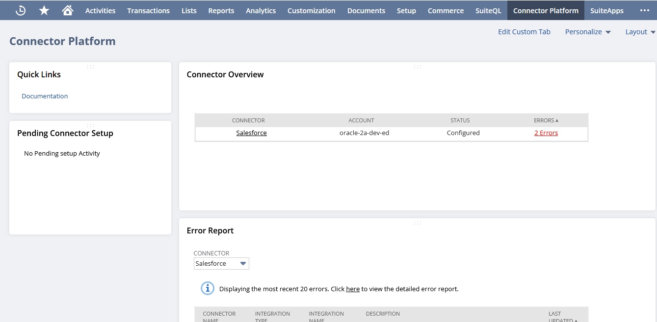 Sample screenshot of the Salesforce Connector dashboard.