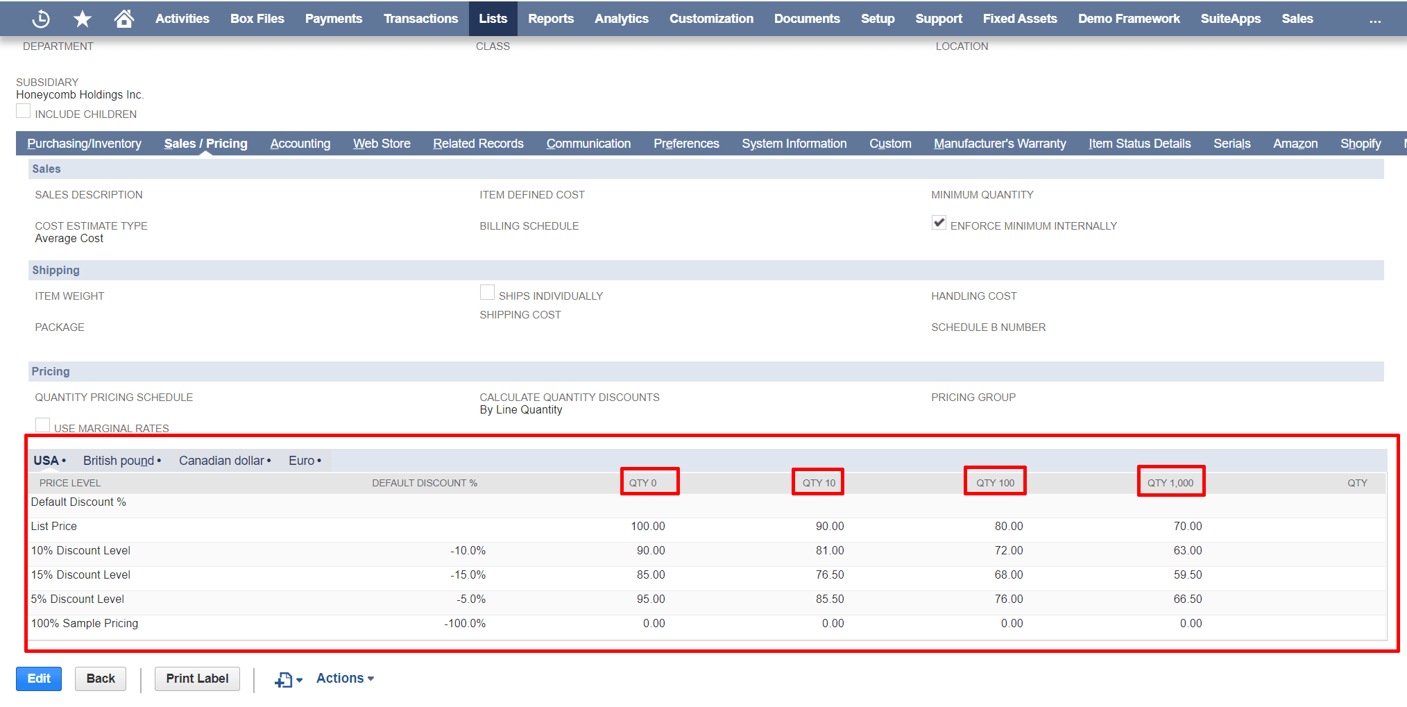 Quantity based pricing