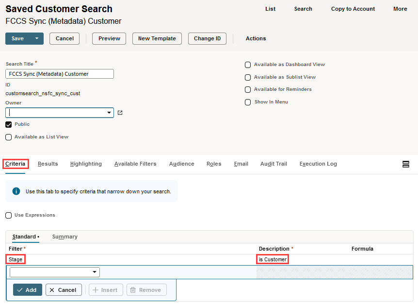 The setup of the Stage filter to is Customer