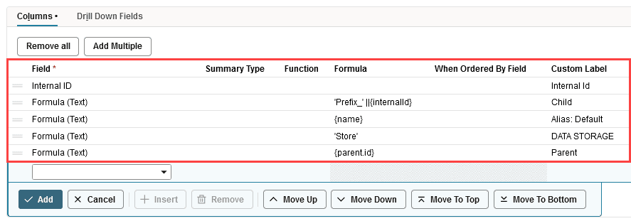 Columns subtab showing five columns to be added