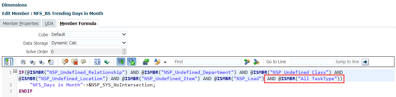 Sample member formula for NFS_BS Trending Days in Month that includes a new custom dimension.