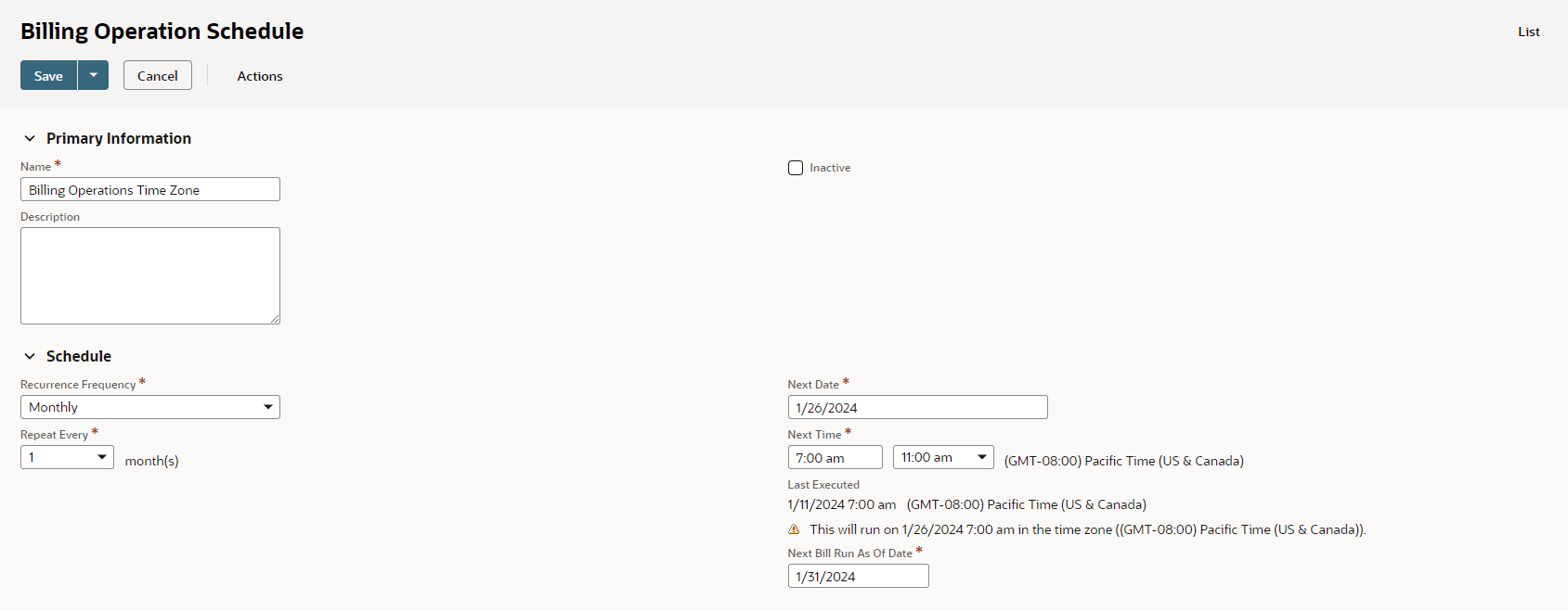 Screenshot of Billing Operation Schedule page with Time Zone fields filled