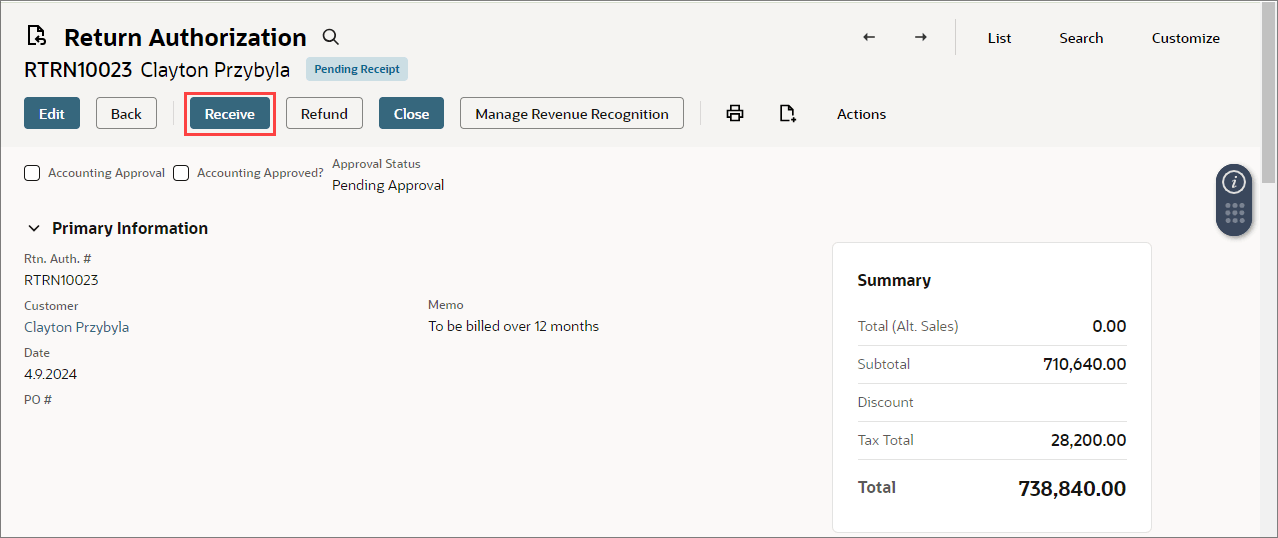 Return Authorization page with Receive button highlighted