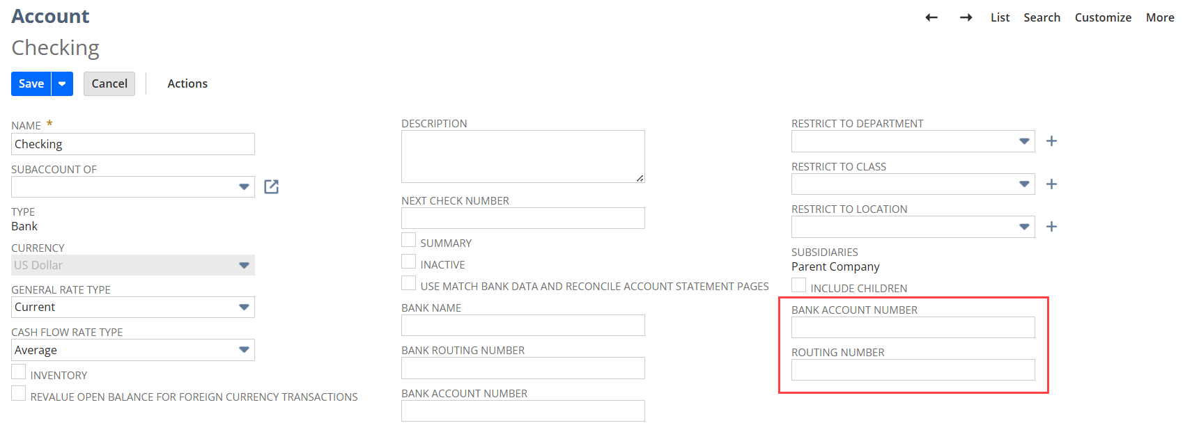 Example Expense GL account with Bank Account Number and Routing Number fields highlighted.