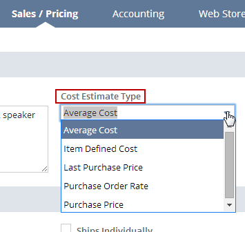 Closeup of the Cost Extimate Type drop-down list on the Sales/Pricing subtab