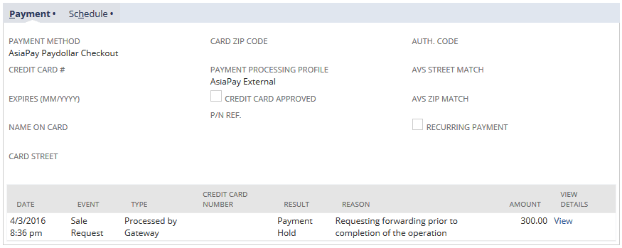 Payment subtab of the Billing subtab showing payment status.