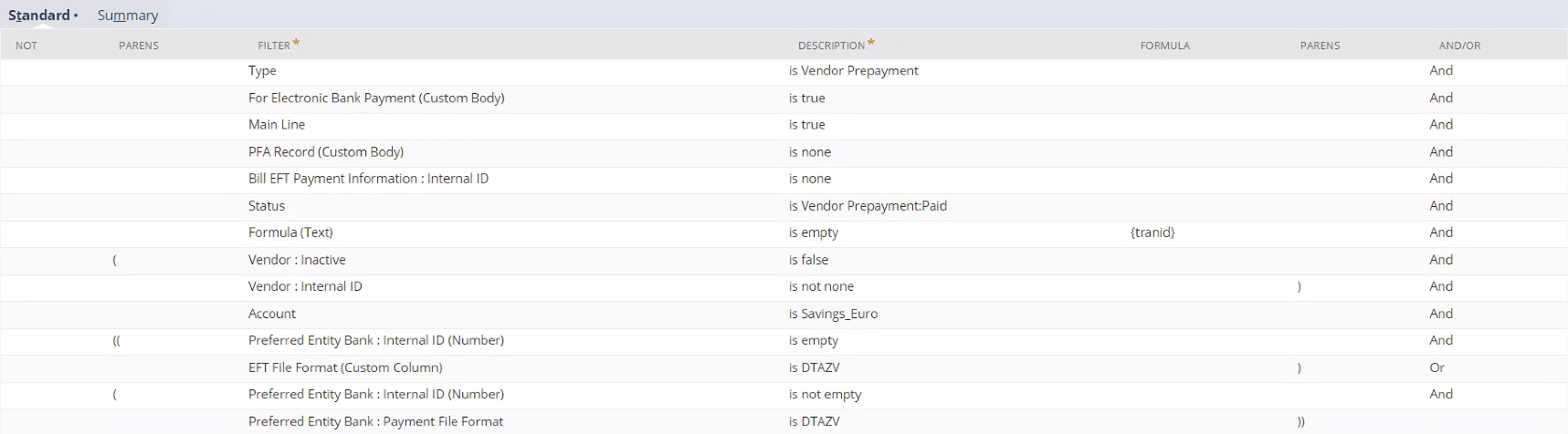 Example of saved search filters for VPP shown on the Standard subtab.