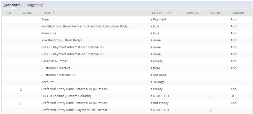 Example of saved search filters for DD shown on the Standard subtab.