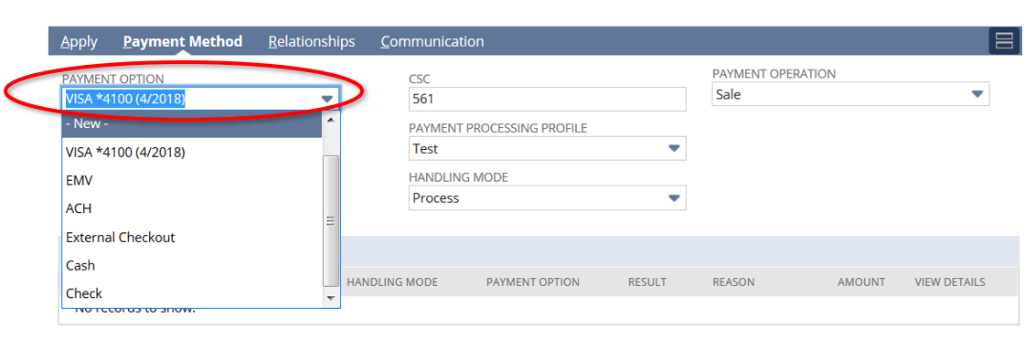 Payment Method subtab showing how fields are consolidated under the Payment Option list when Payment Instruments is enabled.