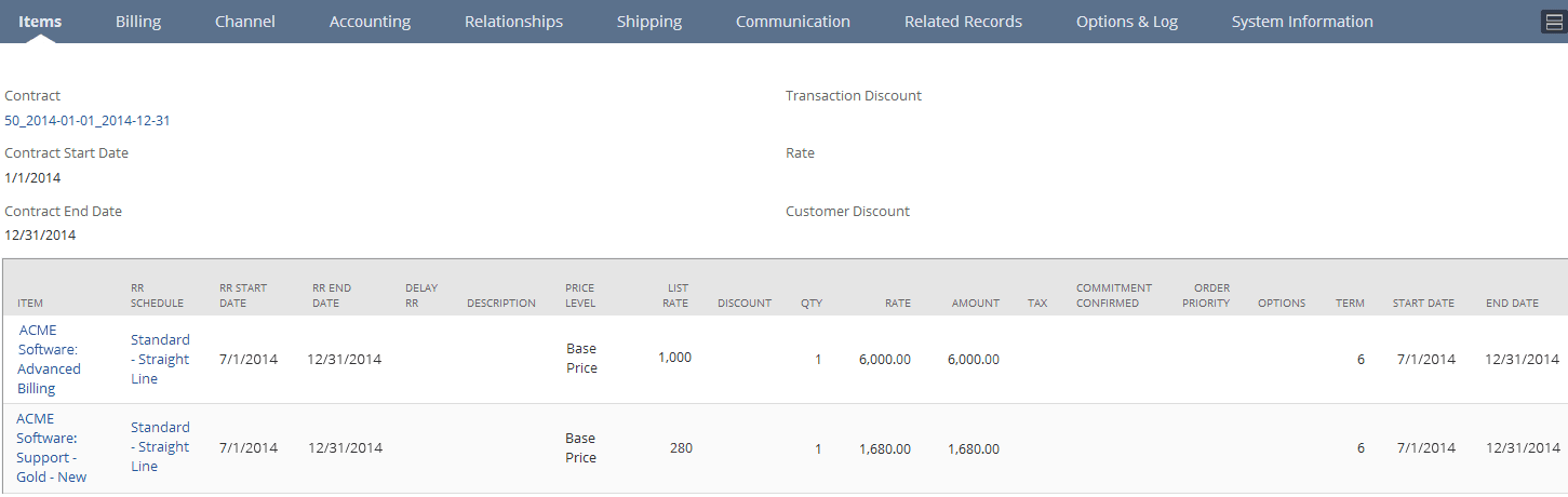 Items subtab showing details of new contract sales order (tied to the existing contract).