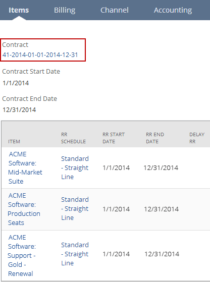 Example Items subtab with Contract field highlighted.