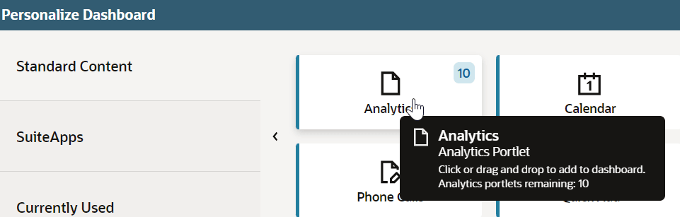 Analytics portlet on the Personalize Dashboard Standard Content tab.