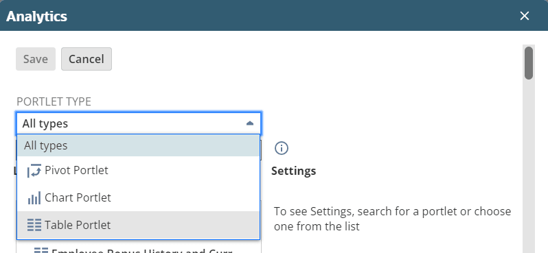 Analytics Portlet Type dropdown