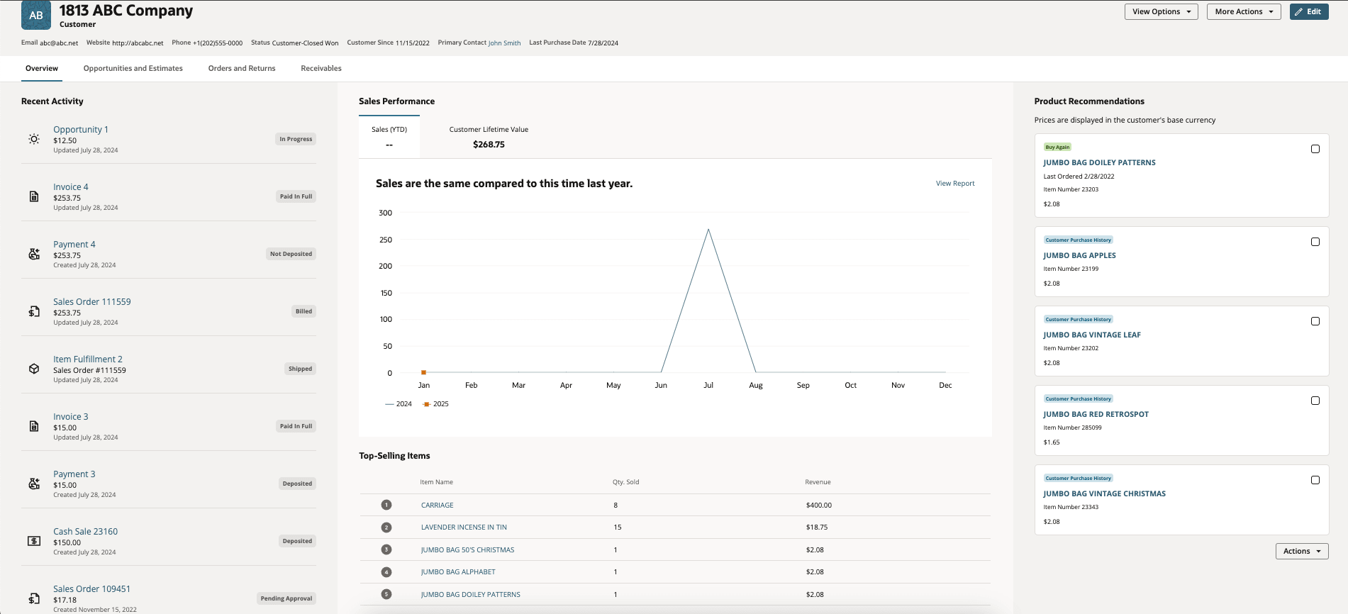 The Customer 360 page displays different metrics.