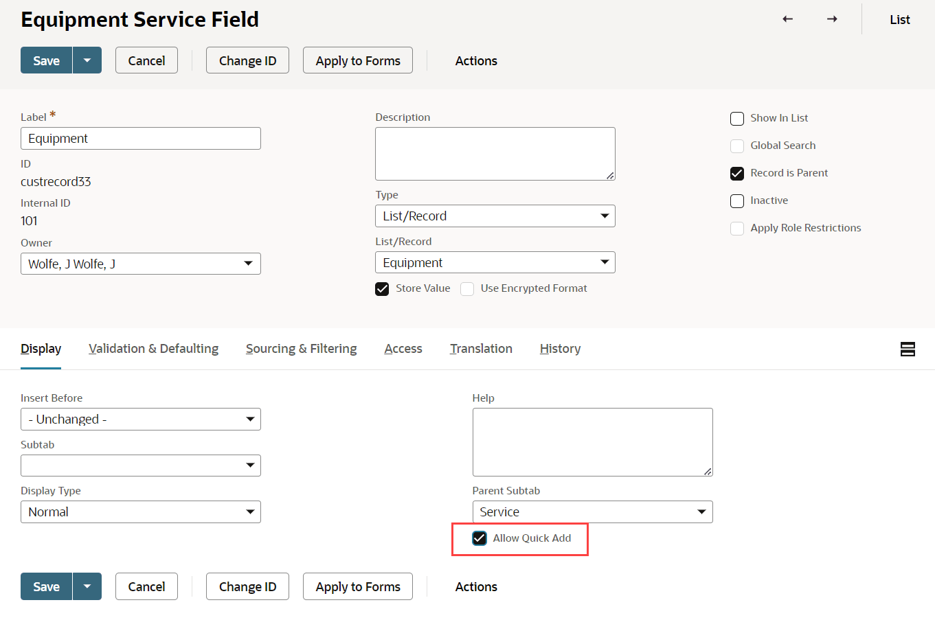 Allow Quick Add option on the Display subtab.