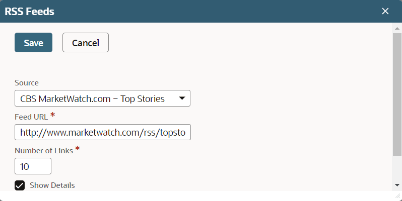RSS Feeds popup window.