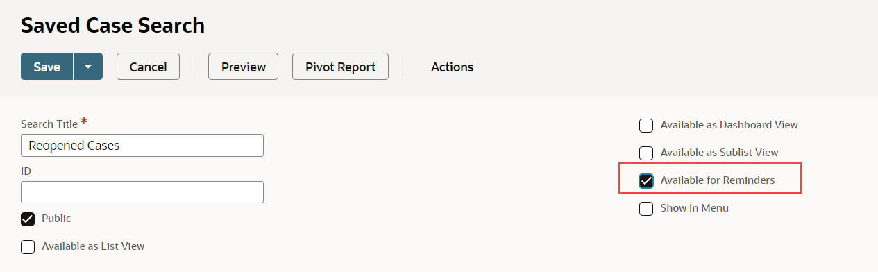Saved Case Search page with the Available for Reminders box selected.