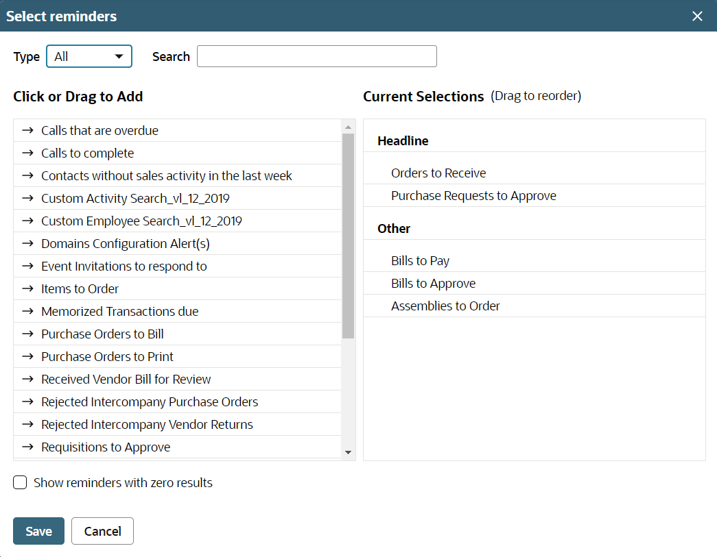 Select reminders popup window.