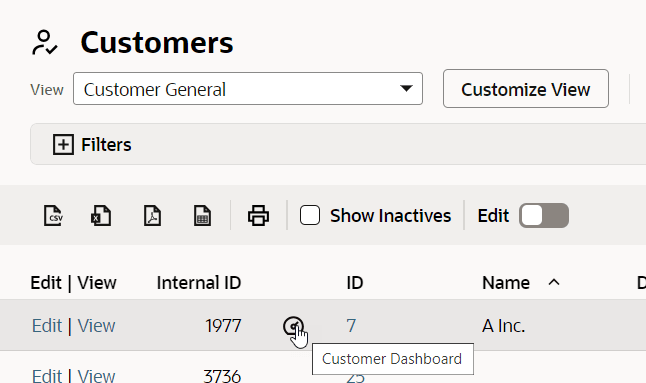 View Dashboard icon on a row in a customer list.