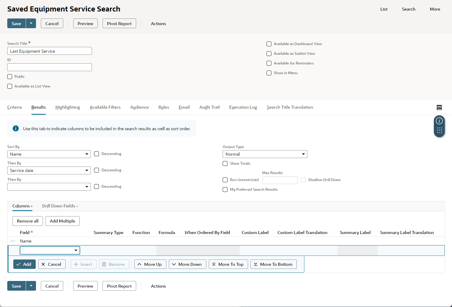 The Saved Equipment Search page.